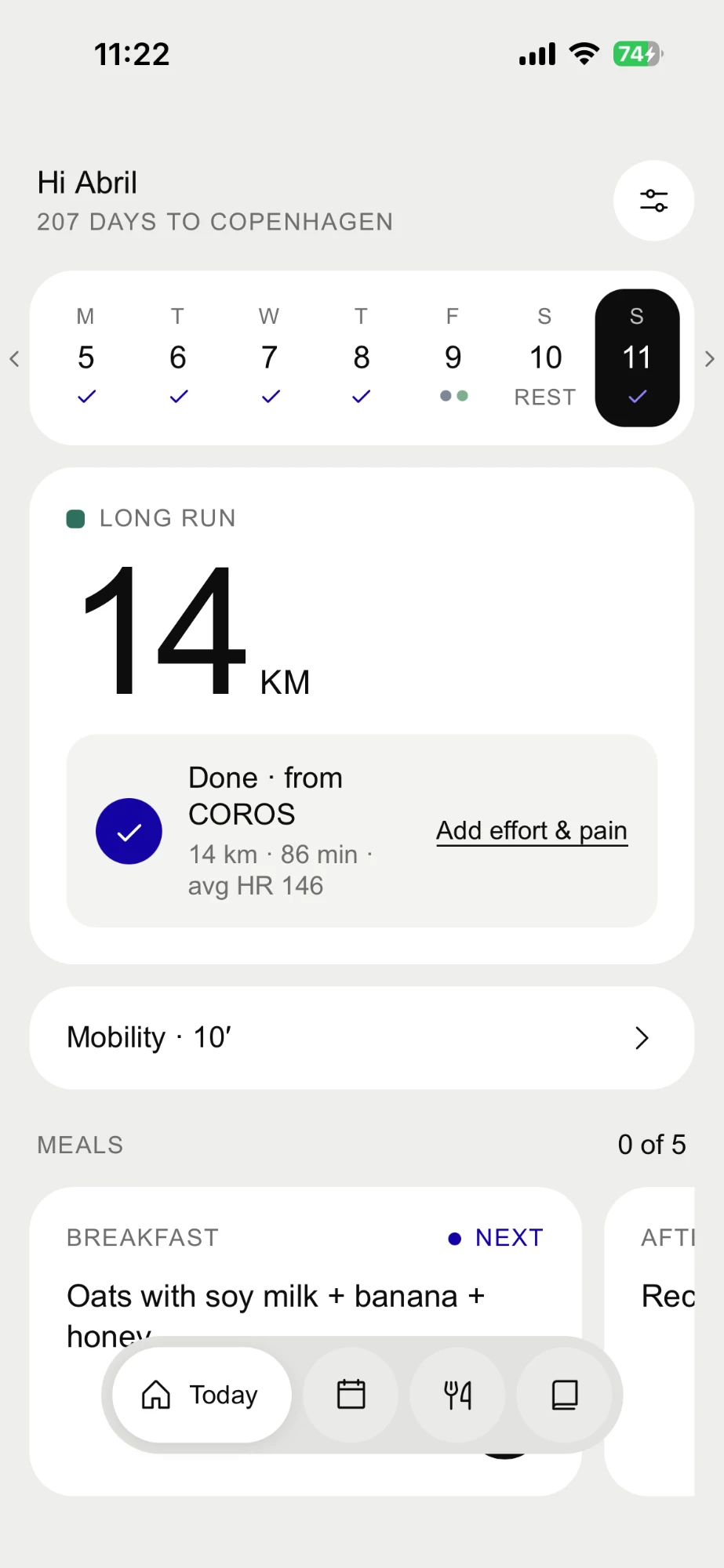 Galgo Today screen after a long run: 14 km, Done from COROS, 86 minutes, average heart rate 146.